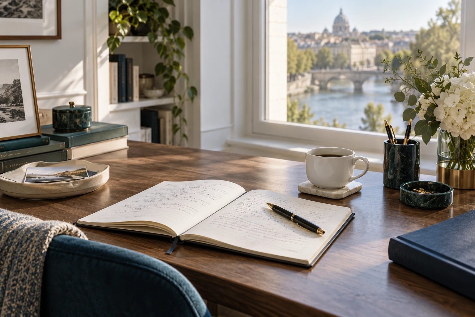 A quiet author workspace beside a sunlit window