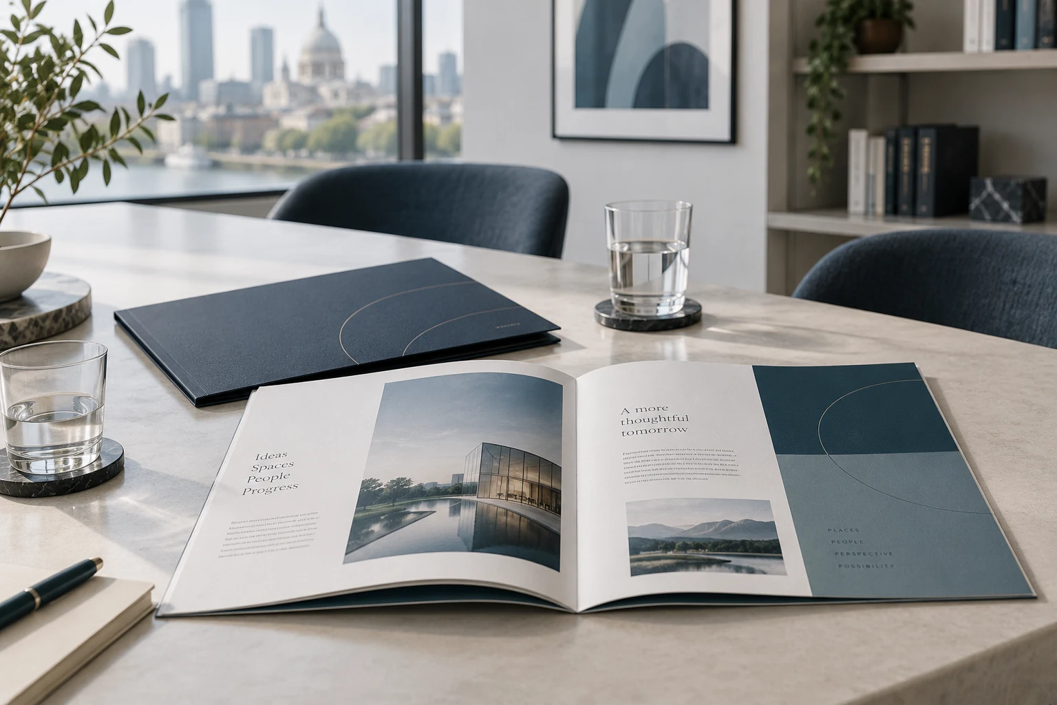 An editorial brochure and presentation folder on a meeting table
