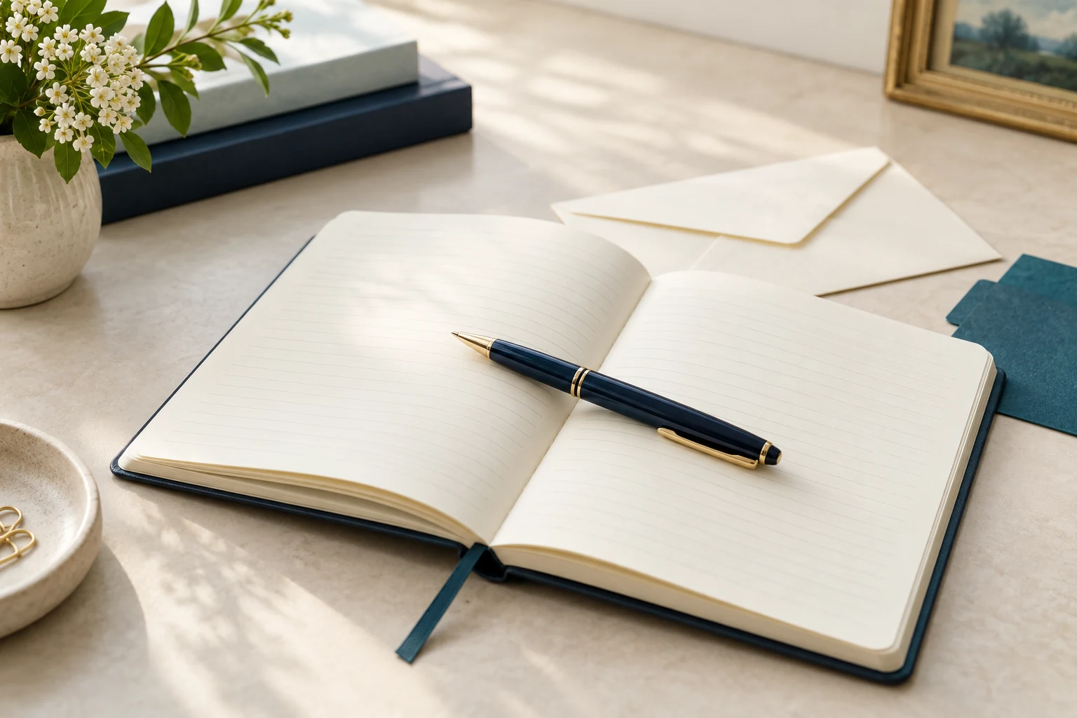 An open notebook, navy pen, and ivory envelope
