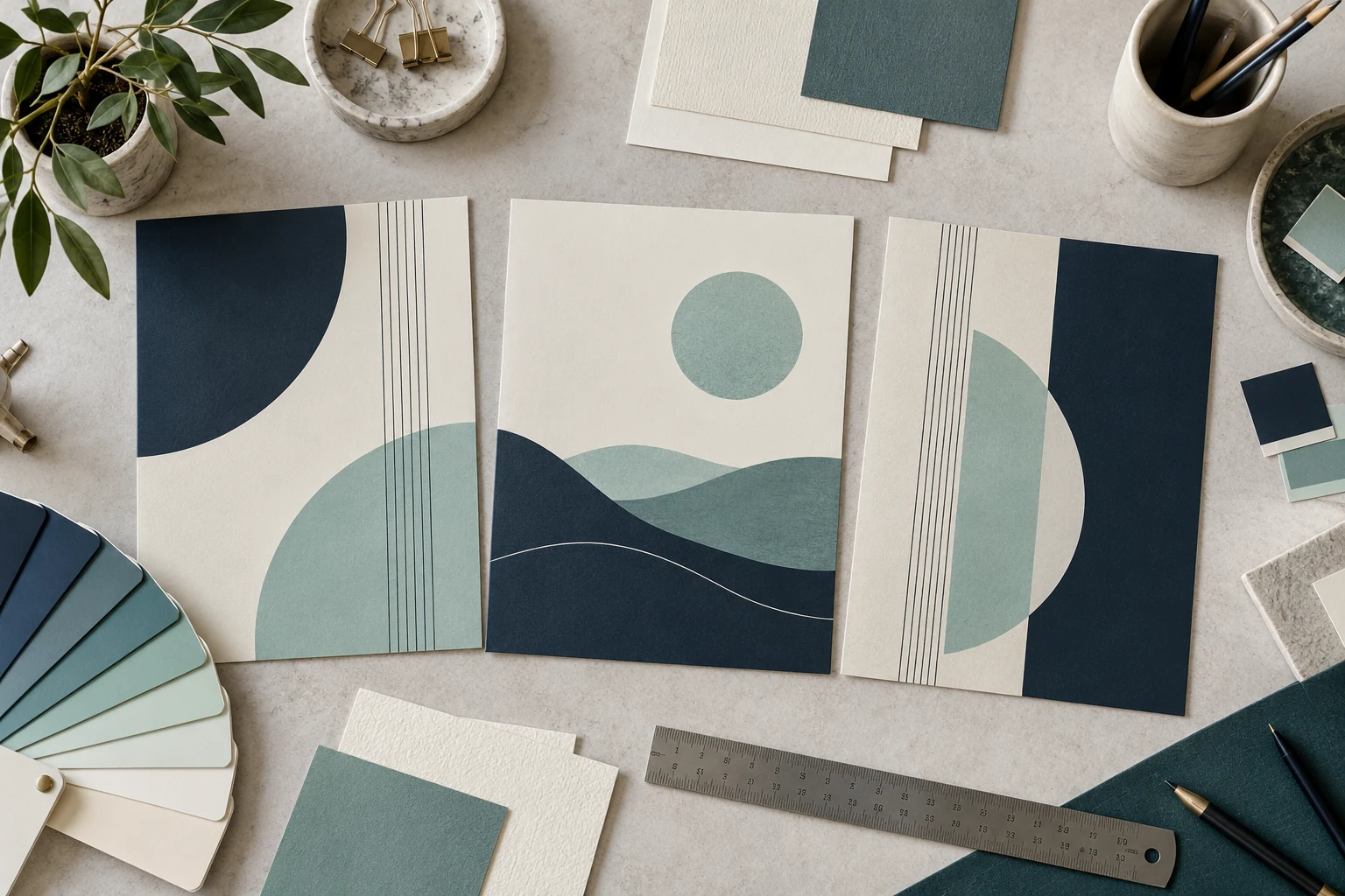 Navy and teal cover concepts arranged with paper and color samples