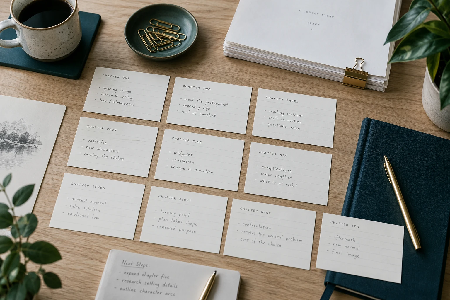 Index cards arranged into a book outline