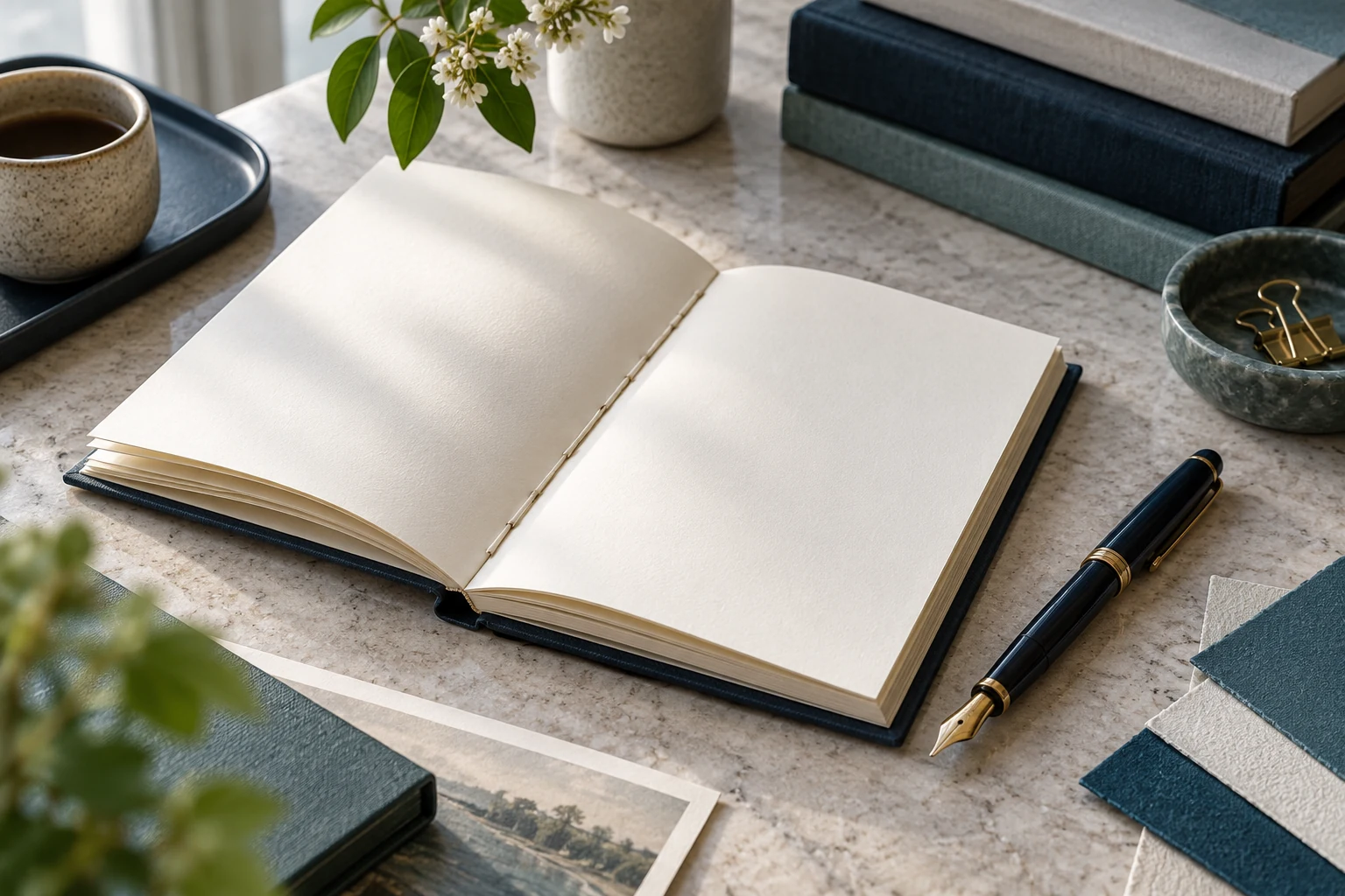 An open stitched book and fountain pen on pale stone