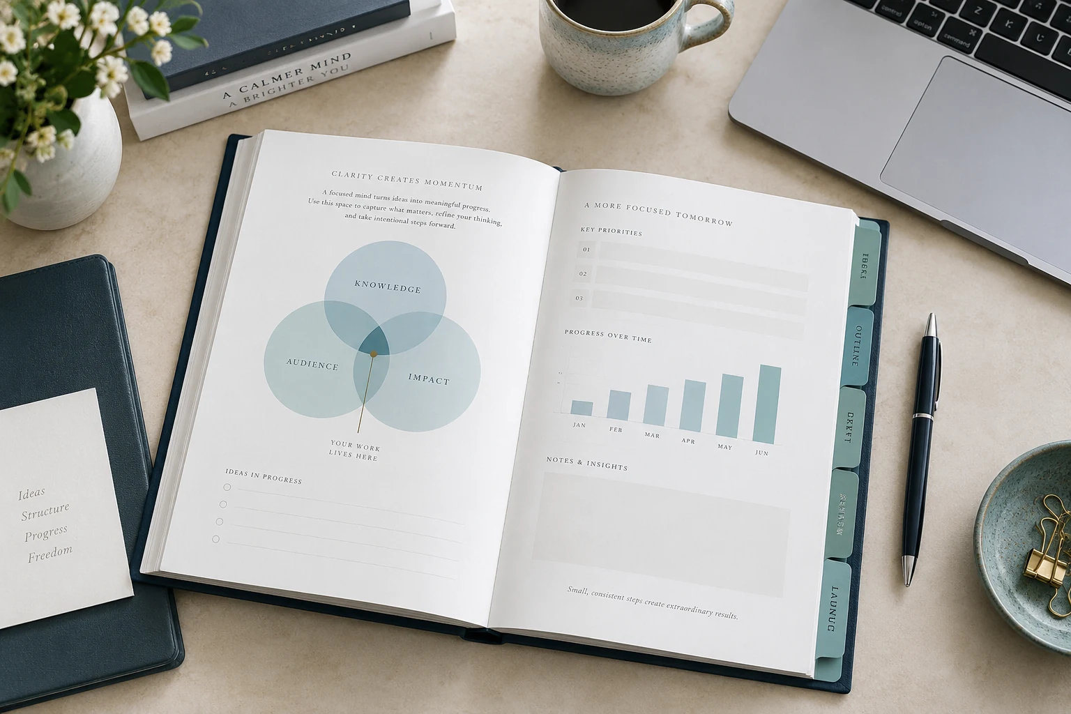A structured workbook with teal tabs and a laptop