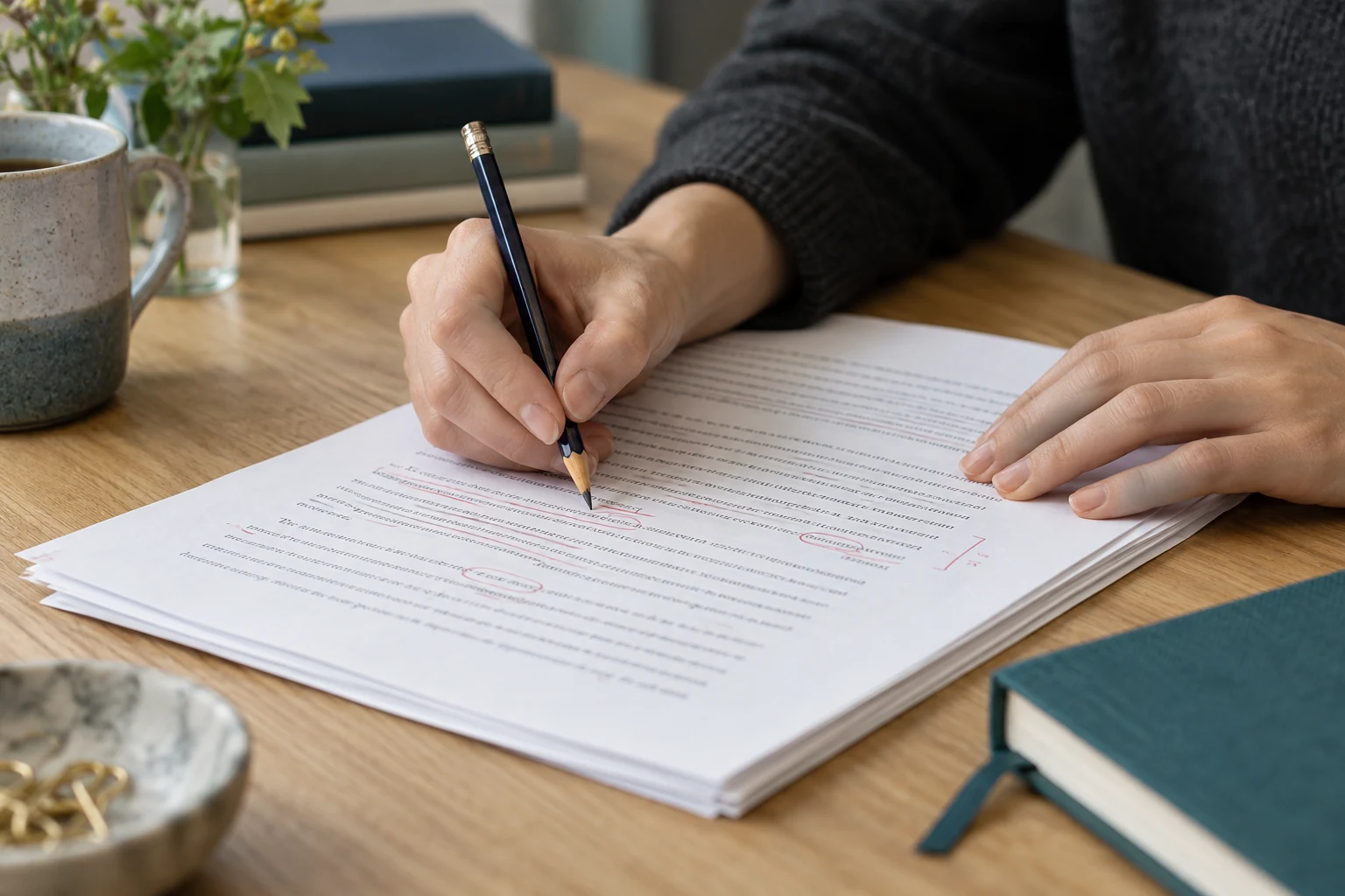 An editor reviewing a manuscript with a pencil