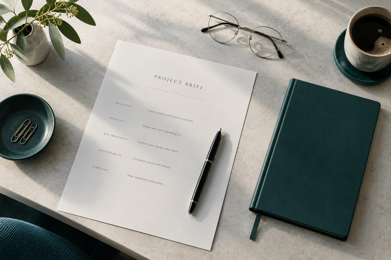A project brief, reading glasses, and a teal notebook
