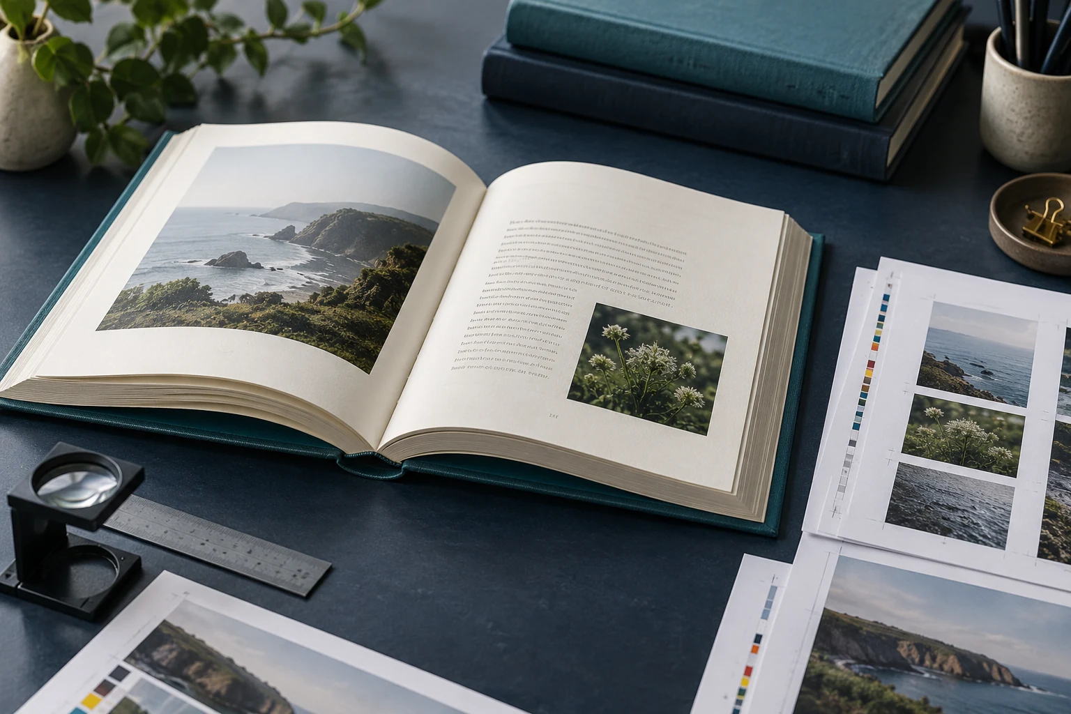 An open hardcover book and publication proofs on a navy workbench