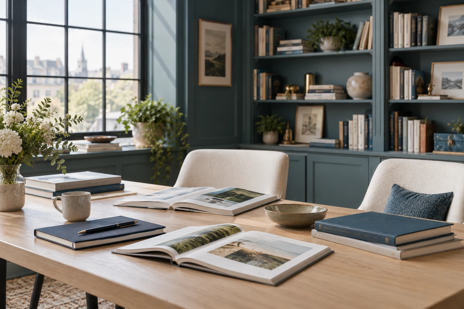 Books and notebooks arranged in a bright, welcoming publishing studio